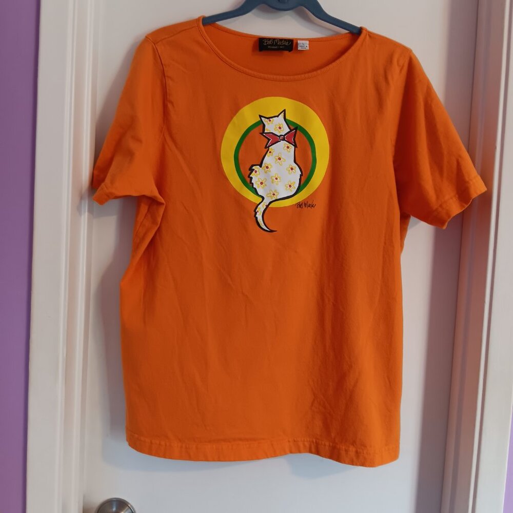 BOB MACKIE WOMEN'S LARGE ORANGE CAT GRAPHIC TEE - Picture 3 of 7